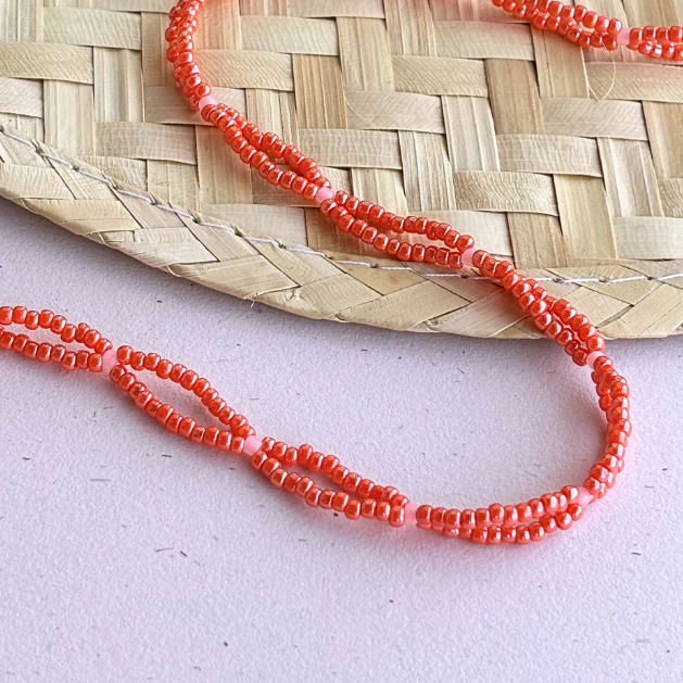 Colier handmade din margele de sticla roz coral cu accesorii din otel inoxidabil 35 cm, cadou, handmade, portocaliu, roz,