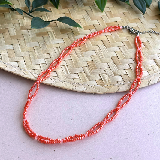 Colier impletit din margele de sticla coral cu extensie otel inoxidabil, choker, la baza gatului, perfect pentru cadou